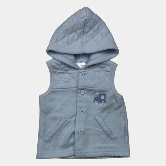 Blaue Polyester-Baumwoll-Weste mit Kapuze und gestepptem Design. – front