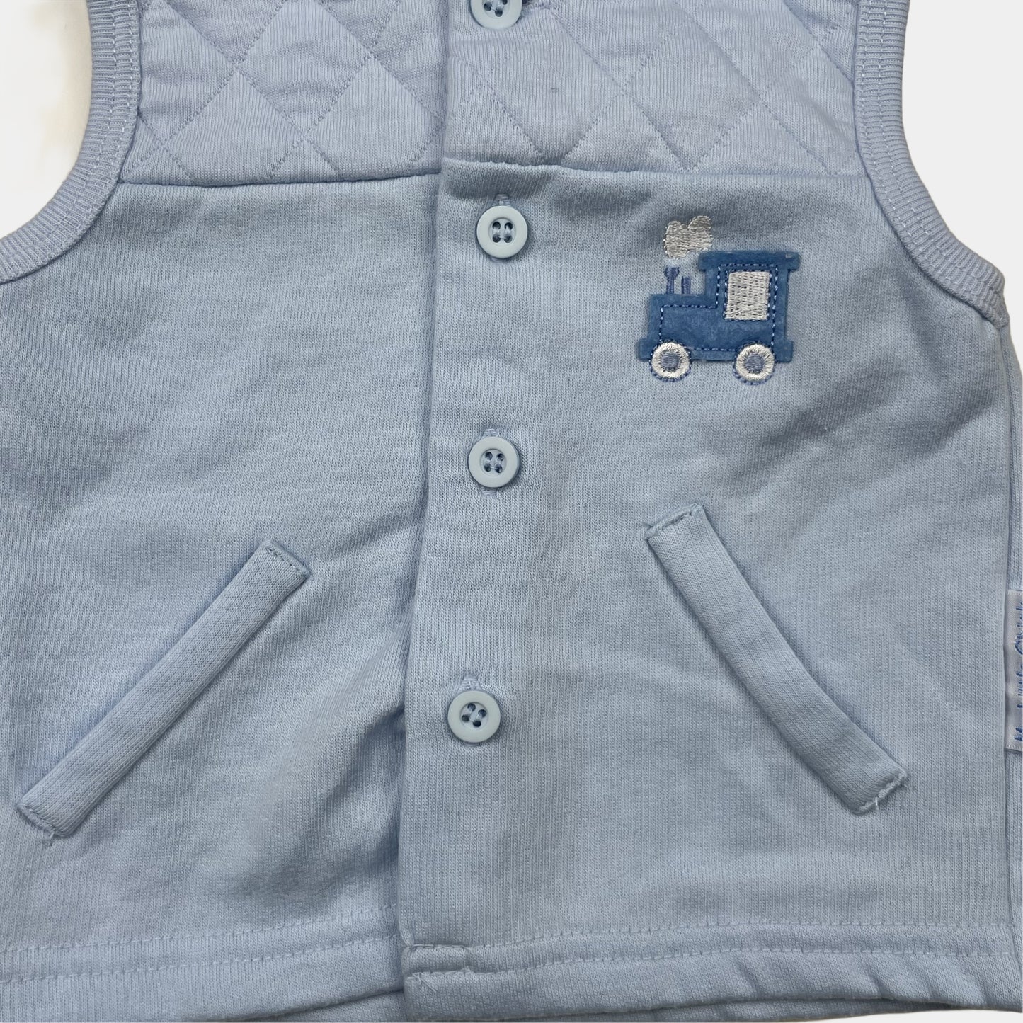 Blaue Polyester-Baumwoll-Weste mit Kapuze und gestepptem Design. – detail