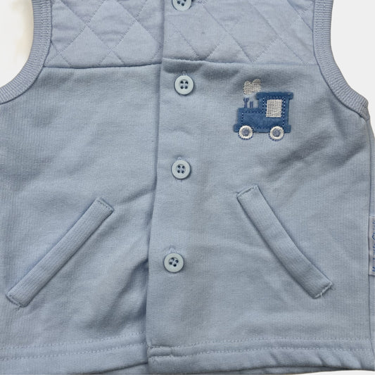 Blaue Polyester-Baumwoll-Weste mit Kapuze und gestepptem Design. – detail