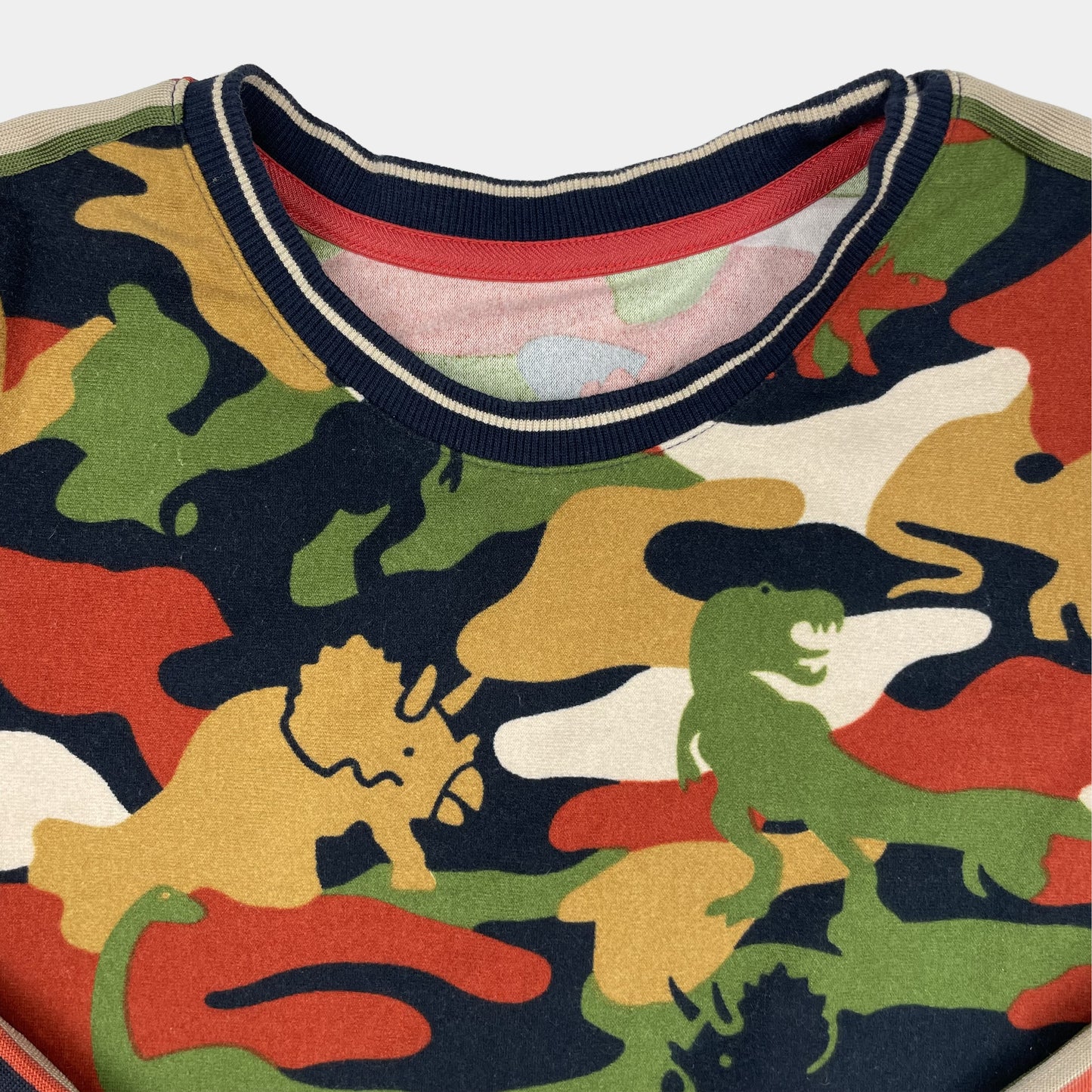 Mehrfarbiger Polyester-Pullover mit Dinosauriermuster und Streifen – collar