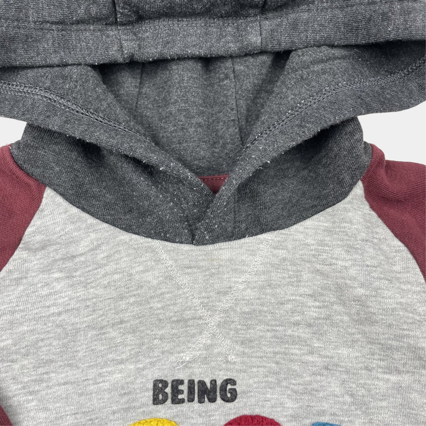 Grau-roter Hoodie mit Schriftzug 'BEING COOL RUNS IN THE FAMILY' für 18-23 Monate – collar