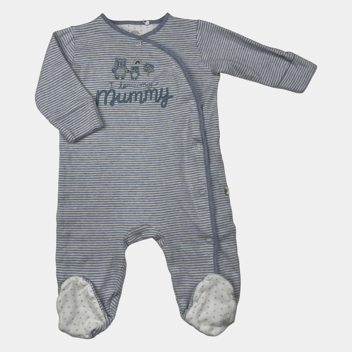 Blaugrauer gestreifter Baumwoll-Schlafanzug mit weißem Fußmuster und 