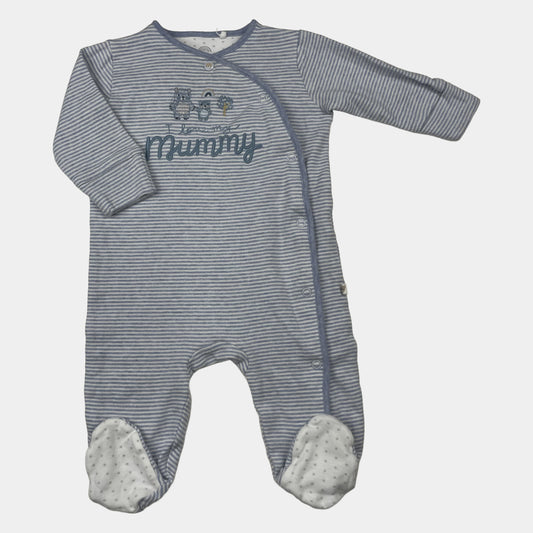 Blaugrauer gestreifter Baumwoll-Schlafanzug mit weißem Fußmuster und 