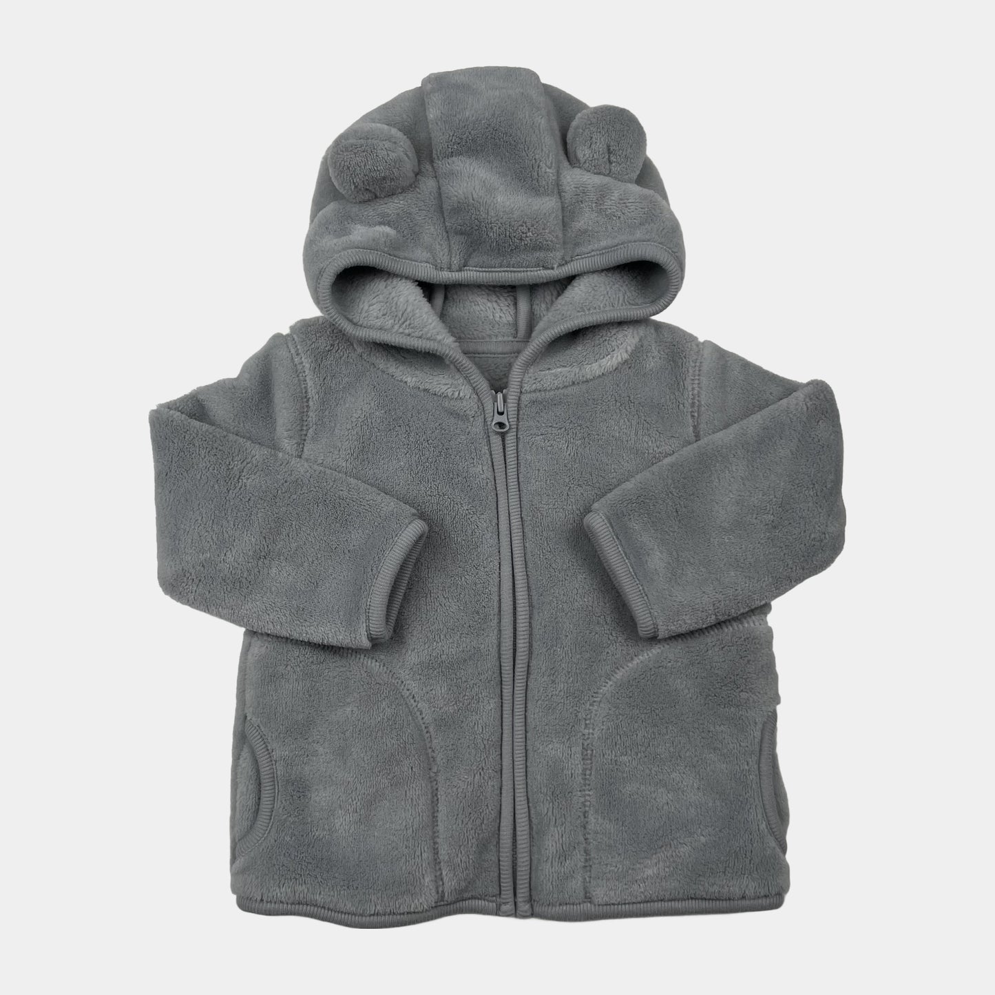 Graue Fleecejacke mit Kapuze und niedlichen Ohren für Babys. – front