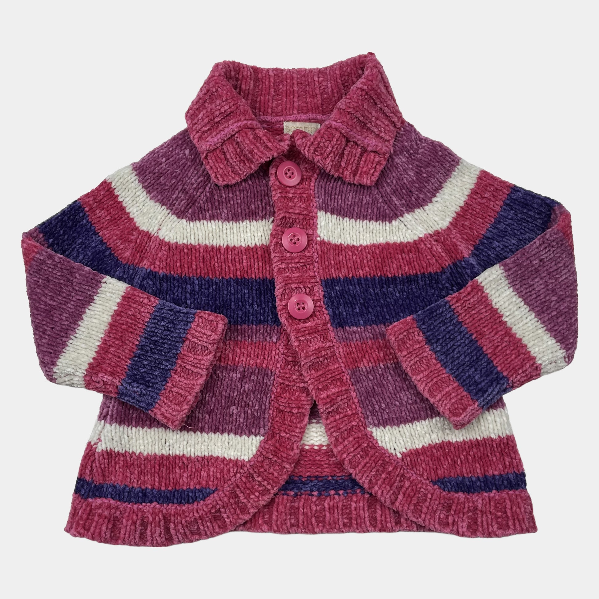 Gestreifte Strickjacke mit Knöpfen in Rosa, Lila und Weiß für Kleinkinder – front