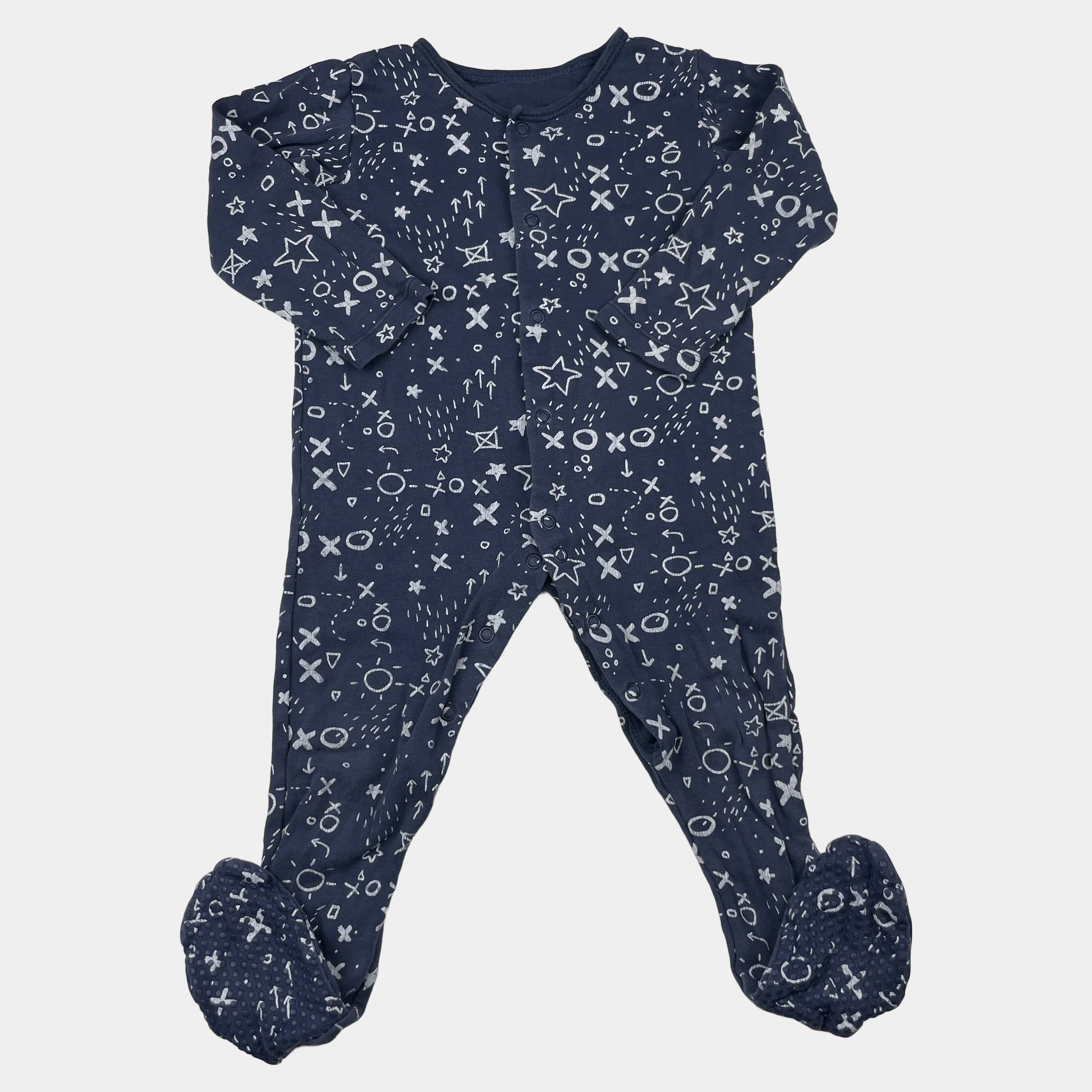 Blauer Overall mit grafischem Muster und Füßen – front