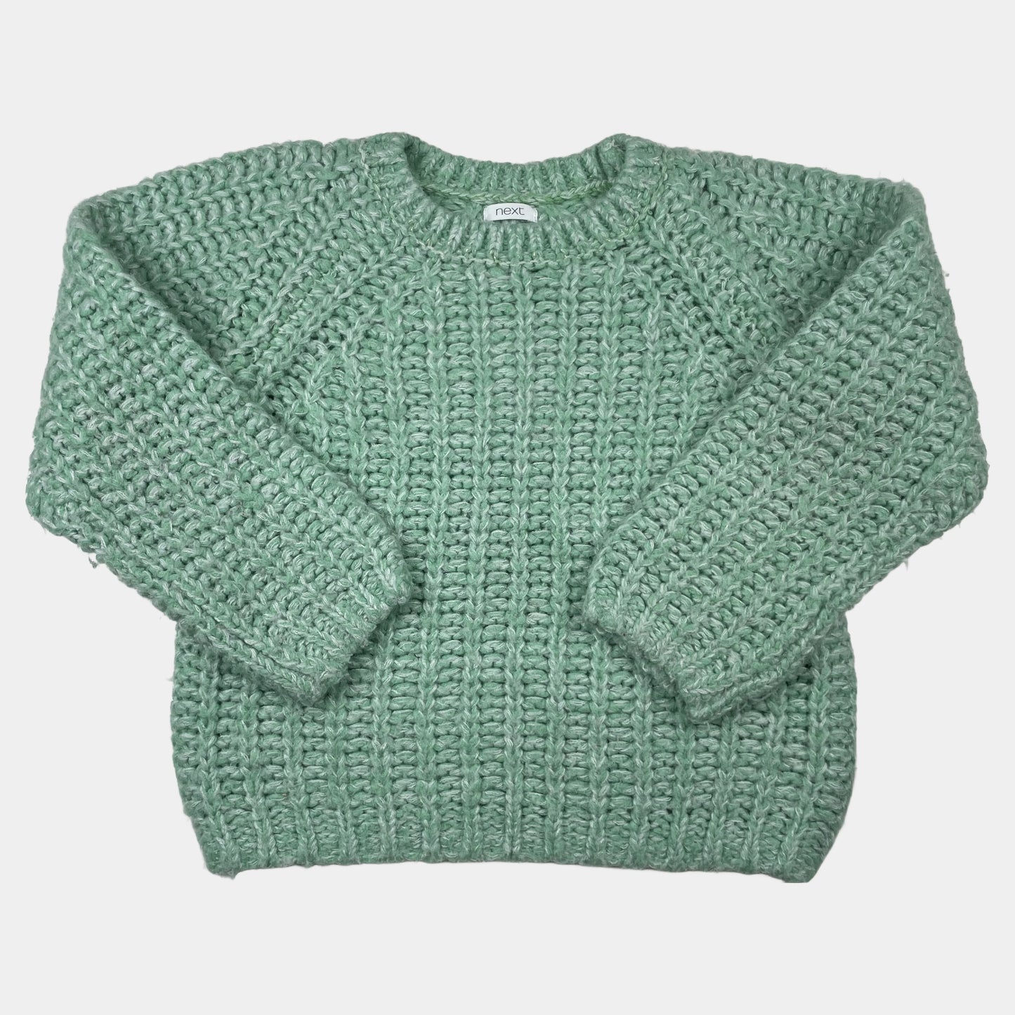 Grüner Strickpullover für Kinder im Alter von 9 Jahren mit Raglanärmeln – front