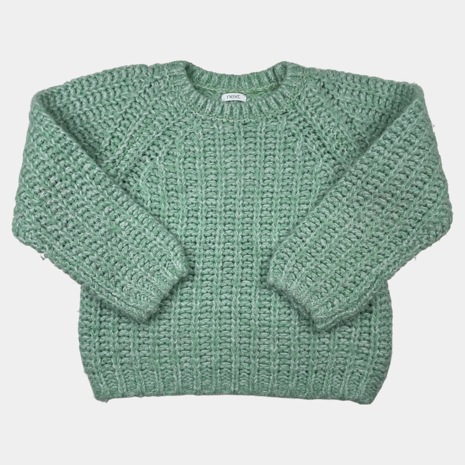 Grüner Strickpullover für Kinder im Alter von 9 Jahren mit Raglanärmeln – front