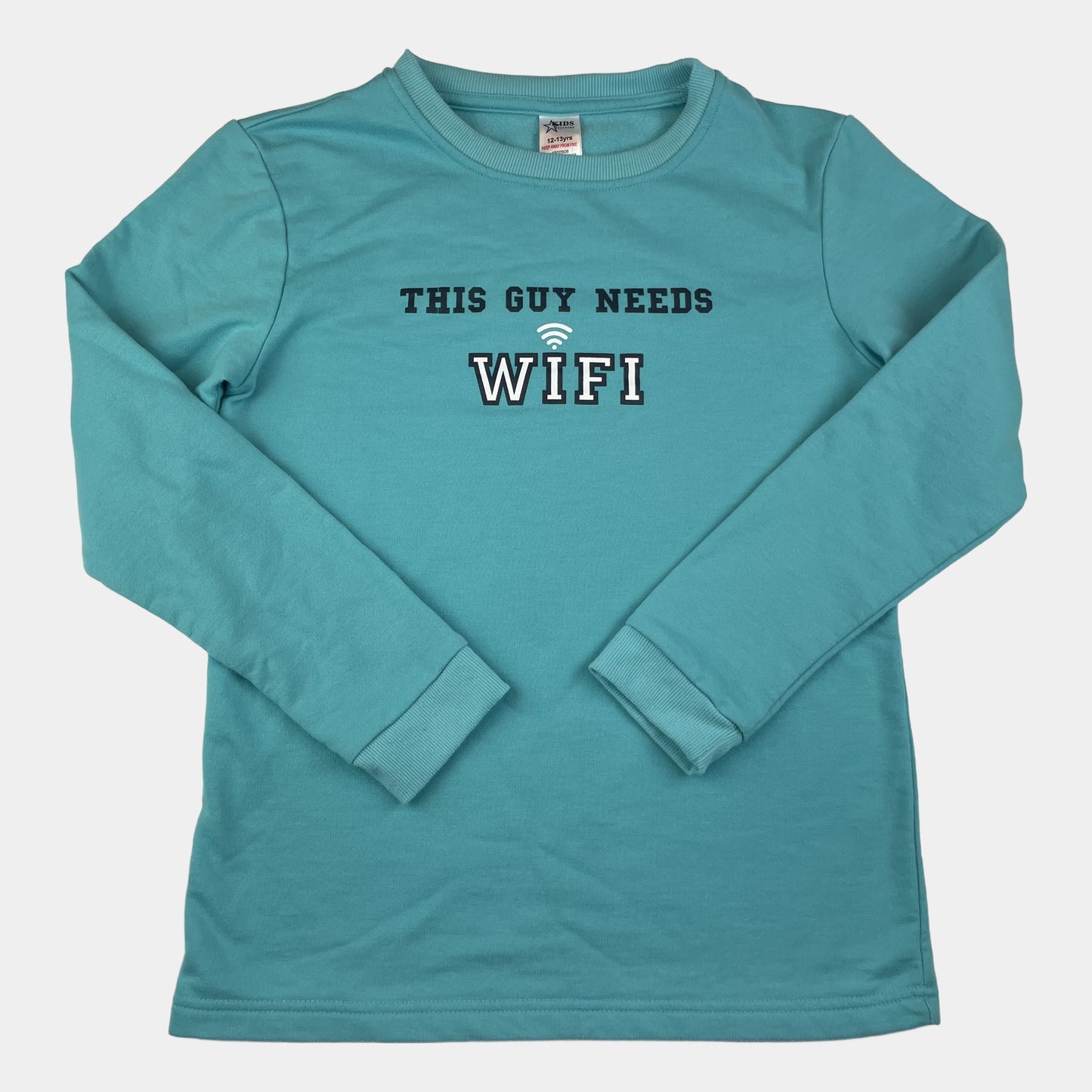 Türkisfarbenes Langarmshirt mit Aufdruck 'This Guy Needs Wifi' – front