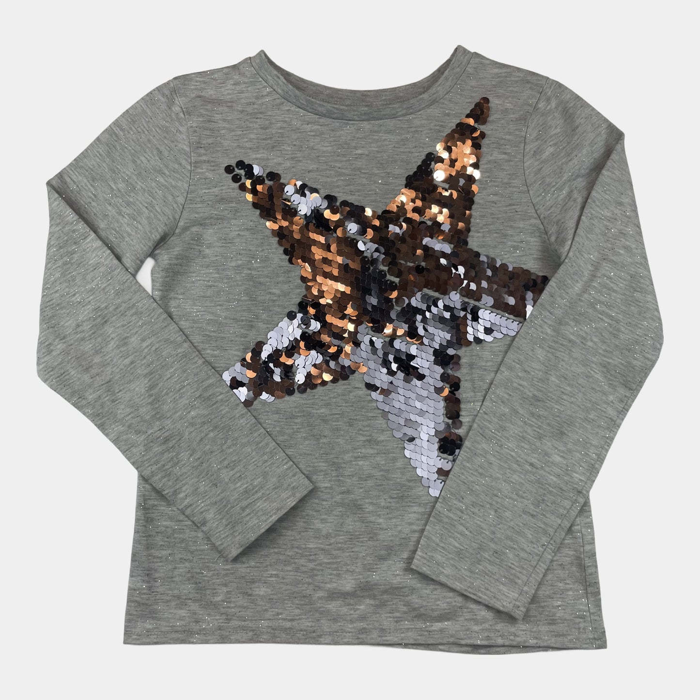 Grauer Pullover mit Pailletten-Sternmotiv für Kinder. – front