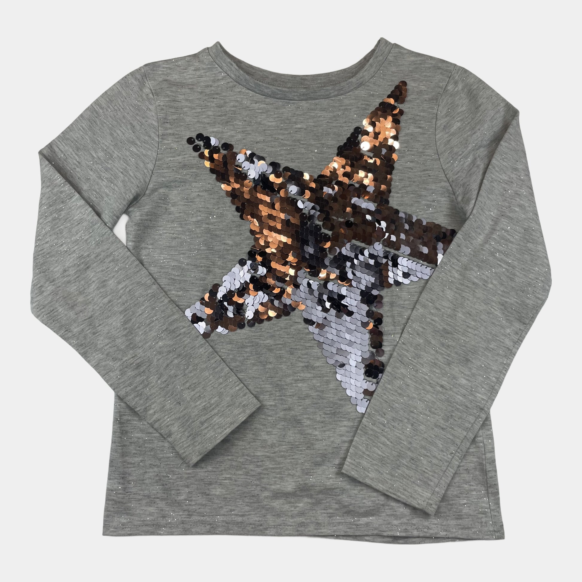 Grauer Pullover mit Pailletten-Sternmotiv für Kinder. – front