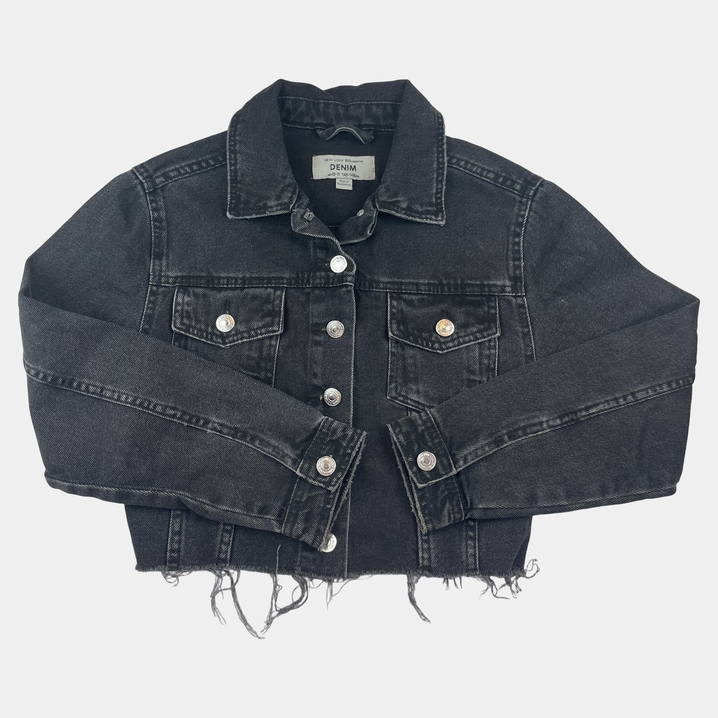 Schwarze Denim-Jacke für Kinder mit Fransen, Größe 10-11 Jahre – front