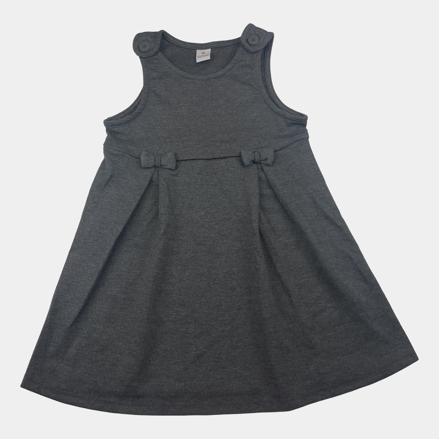 Graues Kleid mit Schleifen und Knöpfen auf den Schultern, Größe 104 cm für Kinder 4 Jahre. – front