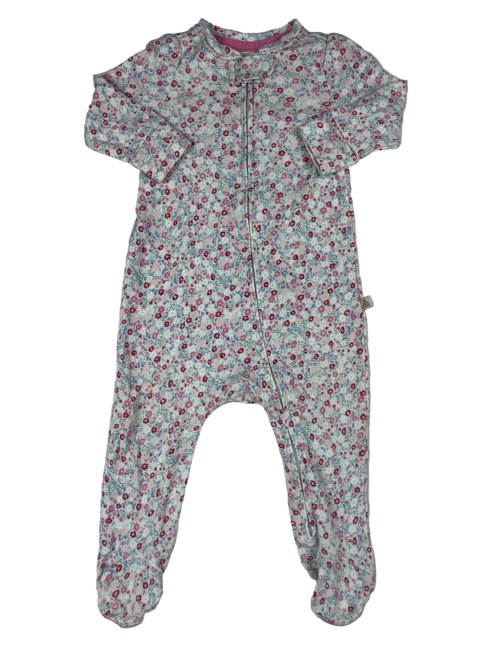 Blumen-Schlafanzug für Babys aus 100% Baumwolle mit Reißverschluss und Füßen – front