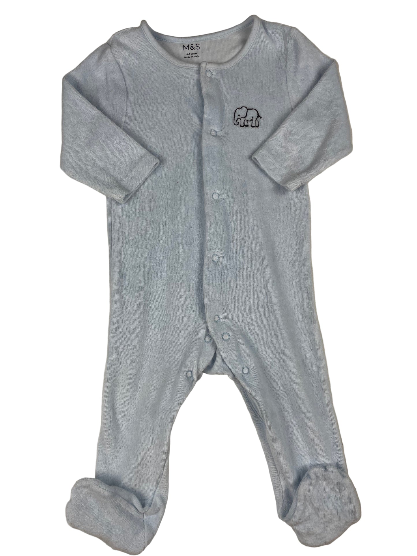 M&S Baby-Schlafanzug grau mit Elefant und Füßen, Größe 6–9 Monate – front