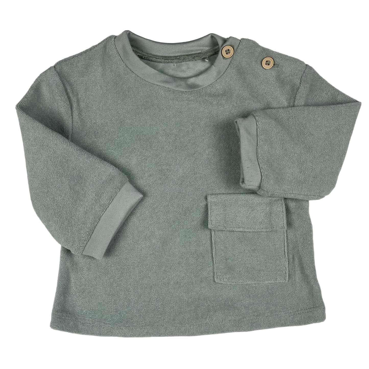 Hellgrüner Baby-Pullover aus Frottee mit Schulterknöpfen von Tu, Größe 3–6 Monate – front