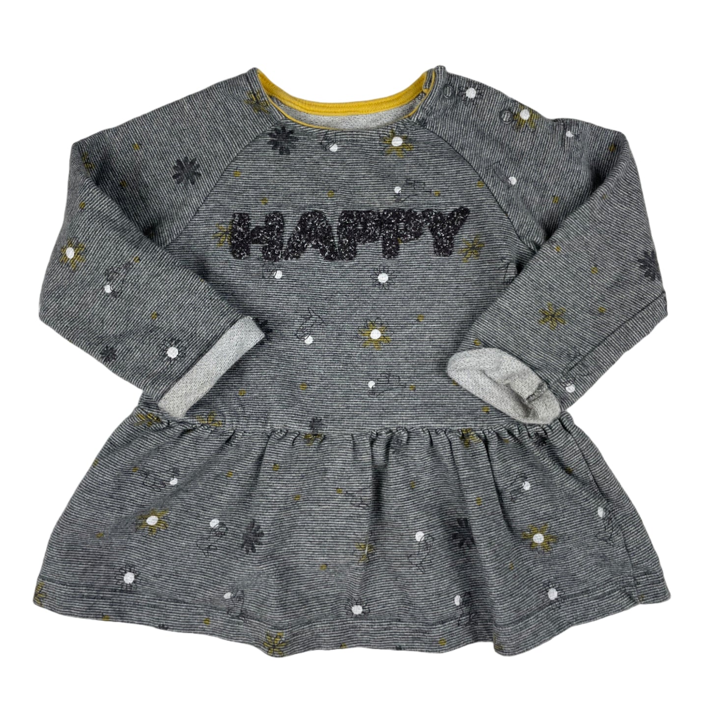 Graues Baby-Kleid mit HAPPY-Schriftzug von Nutmeg, Langarm, 9–12 Monate – front