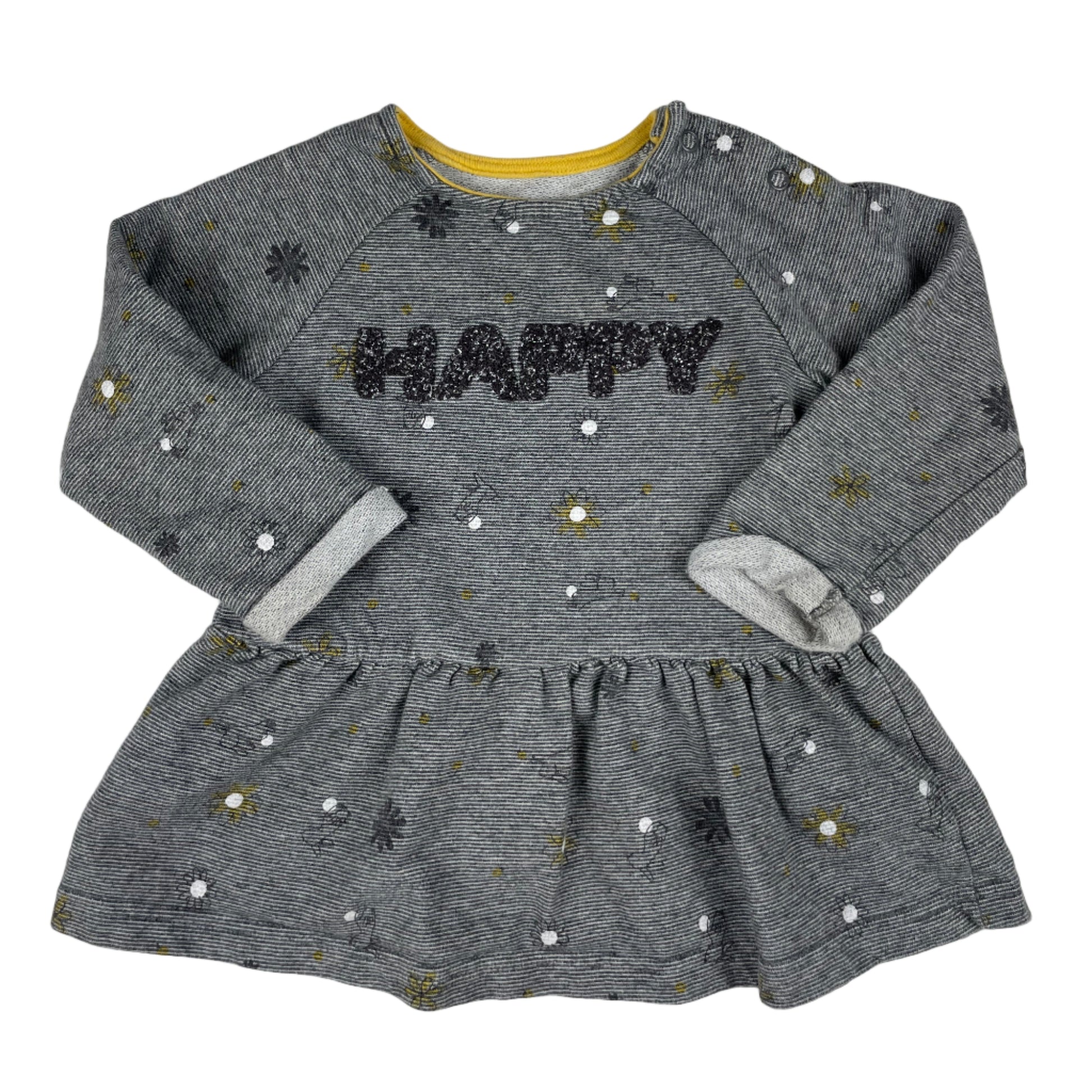 Graues Baby-Kleid mit HAPPY-Schriftzug von Nutmeg, Langarm, 9–12 Monate – front