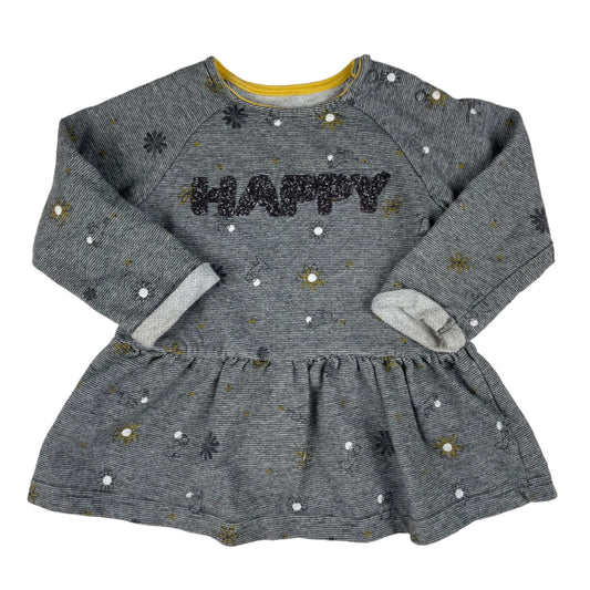 Graues Baby-Kleid mit HAPPY-Schriftzug von Nutmeg, Langarm, 9–12 Monate – front