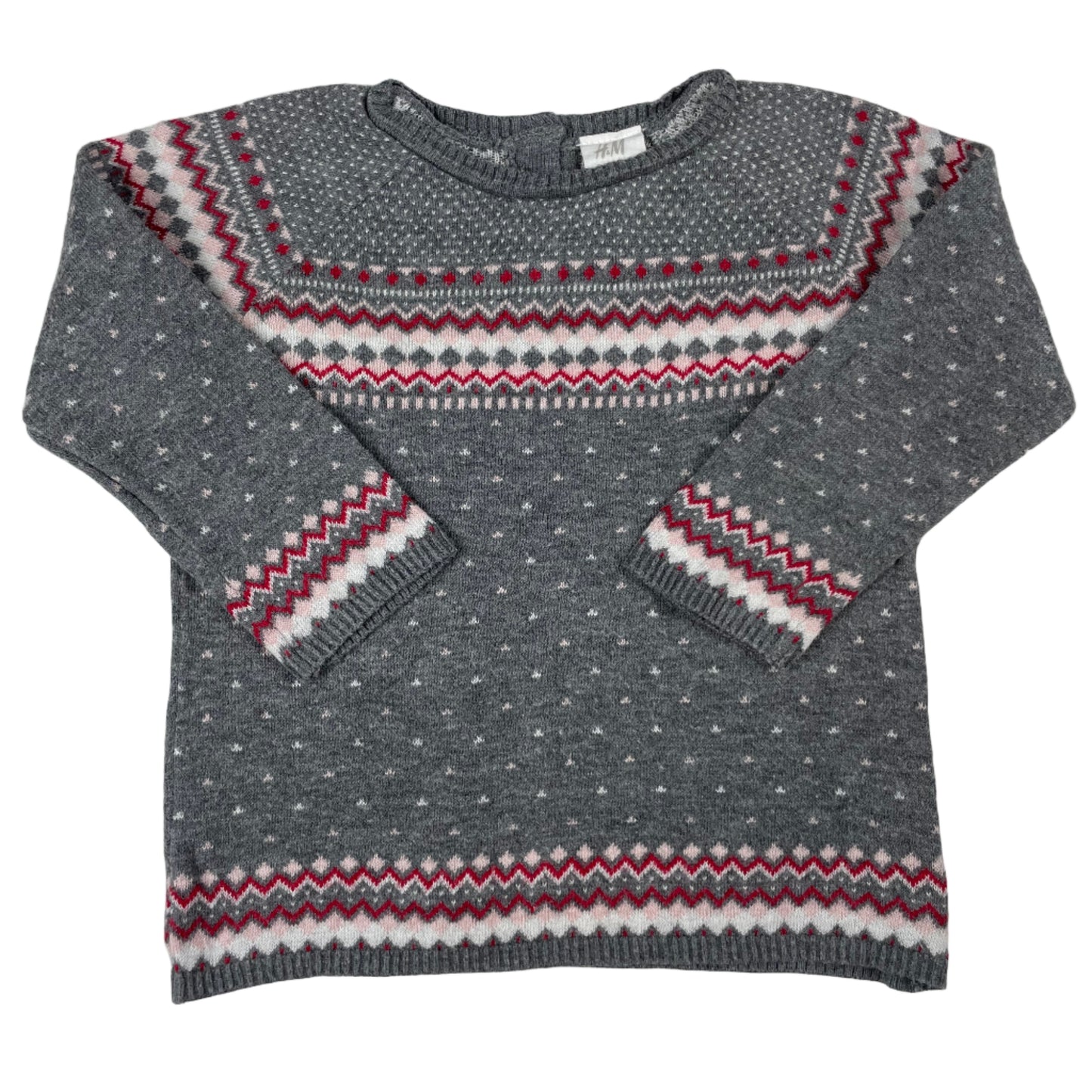 Grauer H&M Baby-Strickpullover mit Norwegermuster in Rot/Weiß, Größe 80 (9–12 Monate) – front