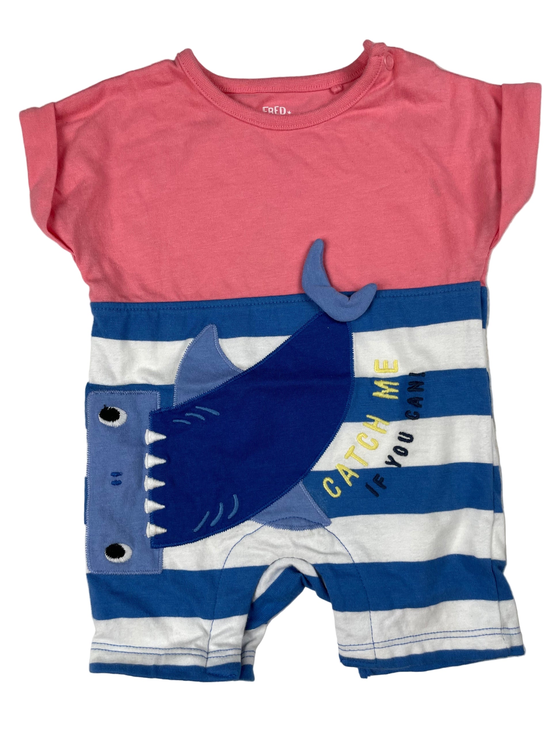 F&F Baby Kurzarm-Overall, rosa-blau gestreift mit Hai-Applikation – front