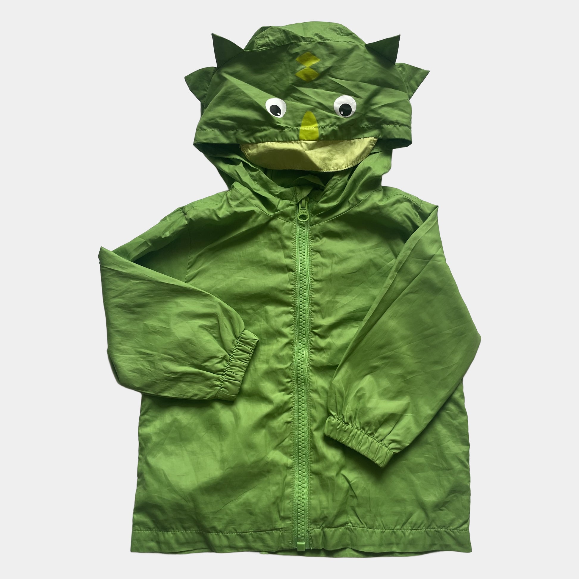 Grüne Polyester-Jacke mit Dino-Kapuze für Babys in Größe 9-12 Monate von Primark, aus zweiter Hand. – front