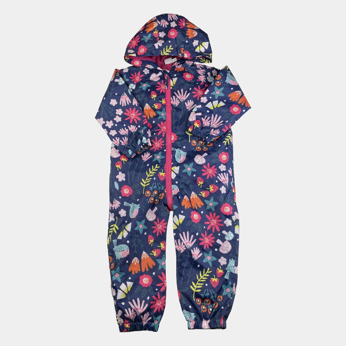 Regenoverall für Kinder mit buntem Blumenmuster und Kapuze – front