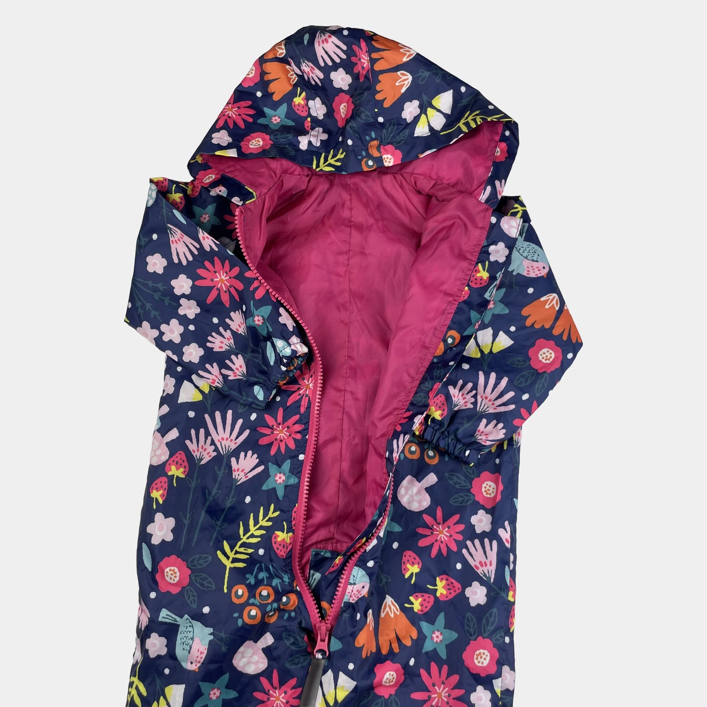 Regenoverall für Kinder mit buntem Blumenmuster und Kapuze – inside