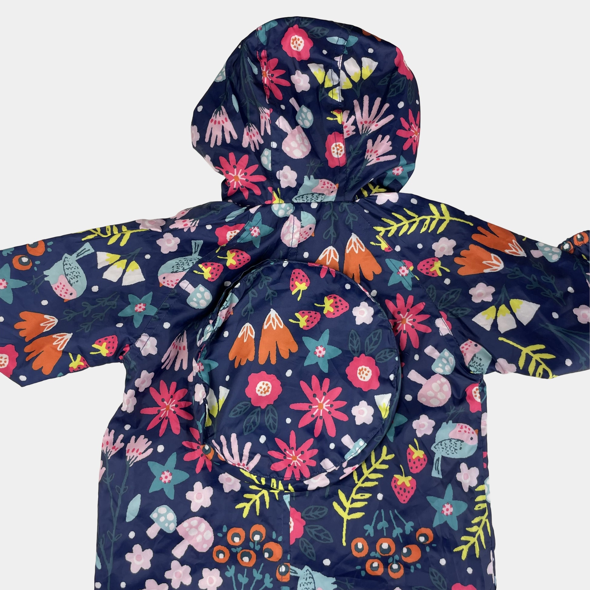 Regenoverall für Kinder mit buntem Blumenmuster und Kapuze – back