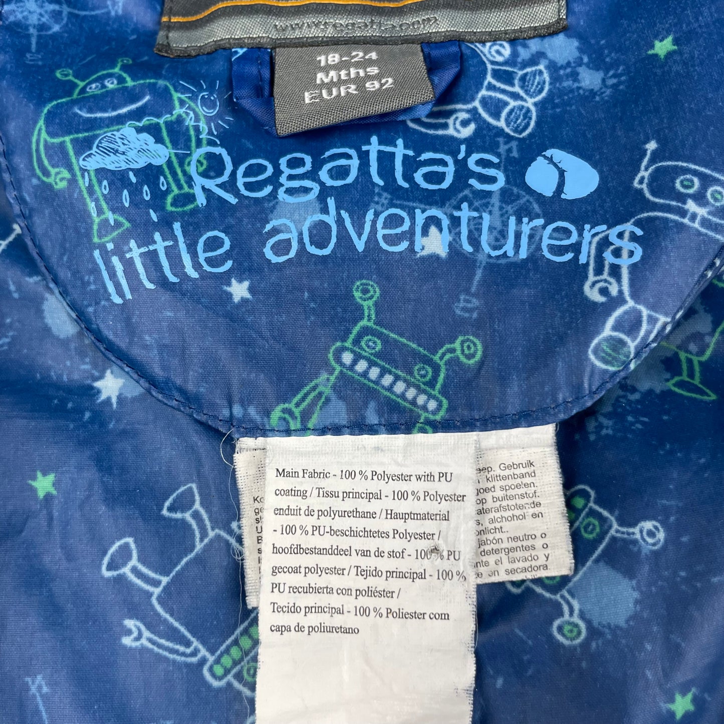 Blauer Regatta Kinder-Regenanzug mit Kapuze und Roboter-Muster, Größe 18-24 Monate – label