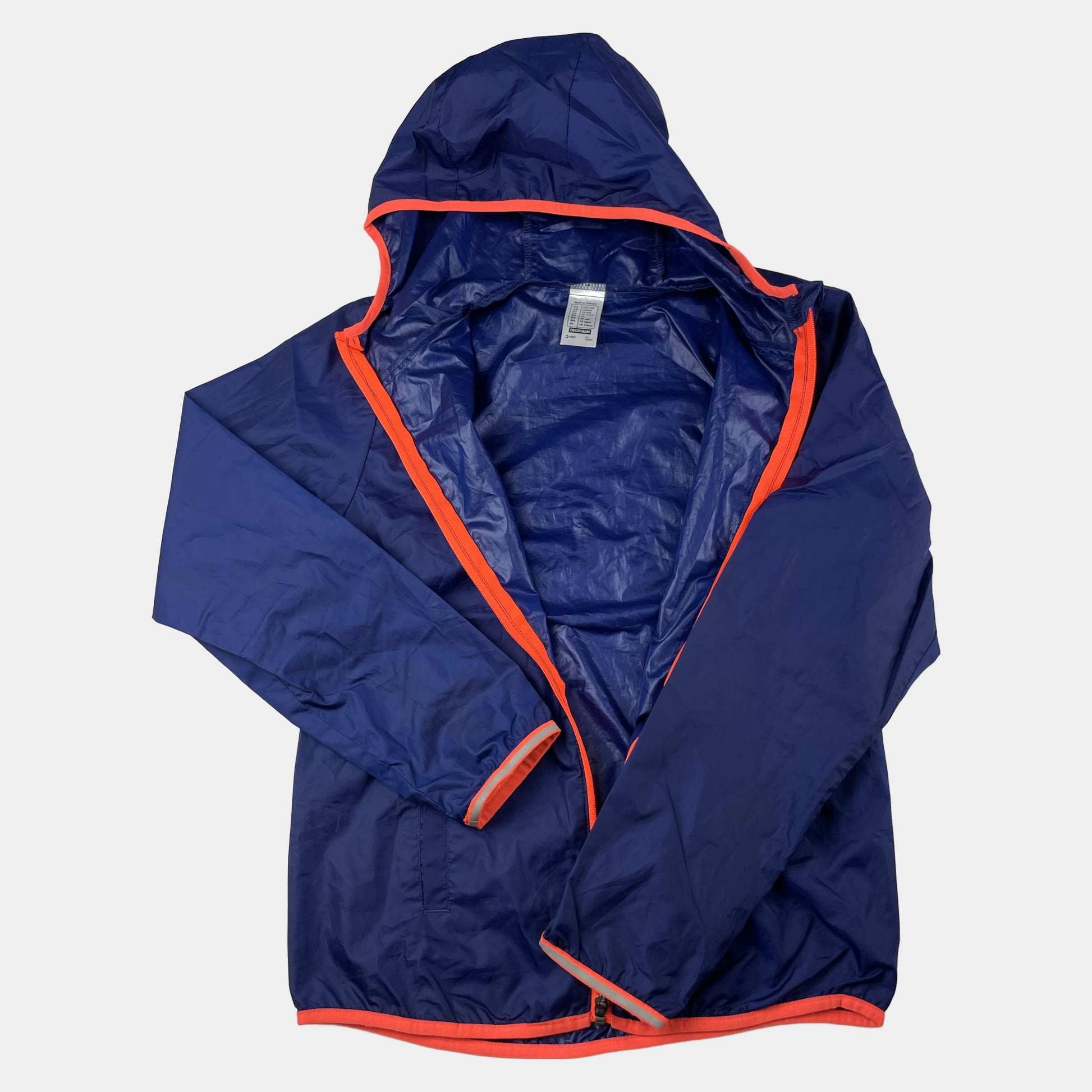 Blaue Hallenji Kinderjacke mit Kapuze und Neonakzenten, Größe 10 Jahre. – inside