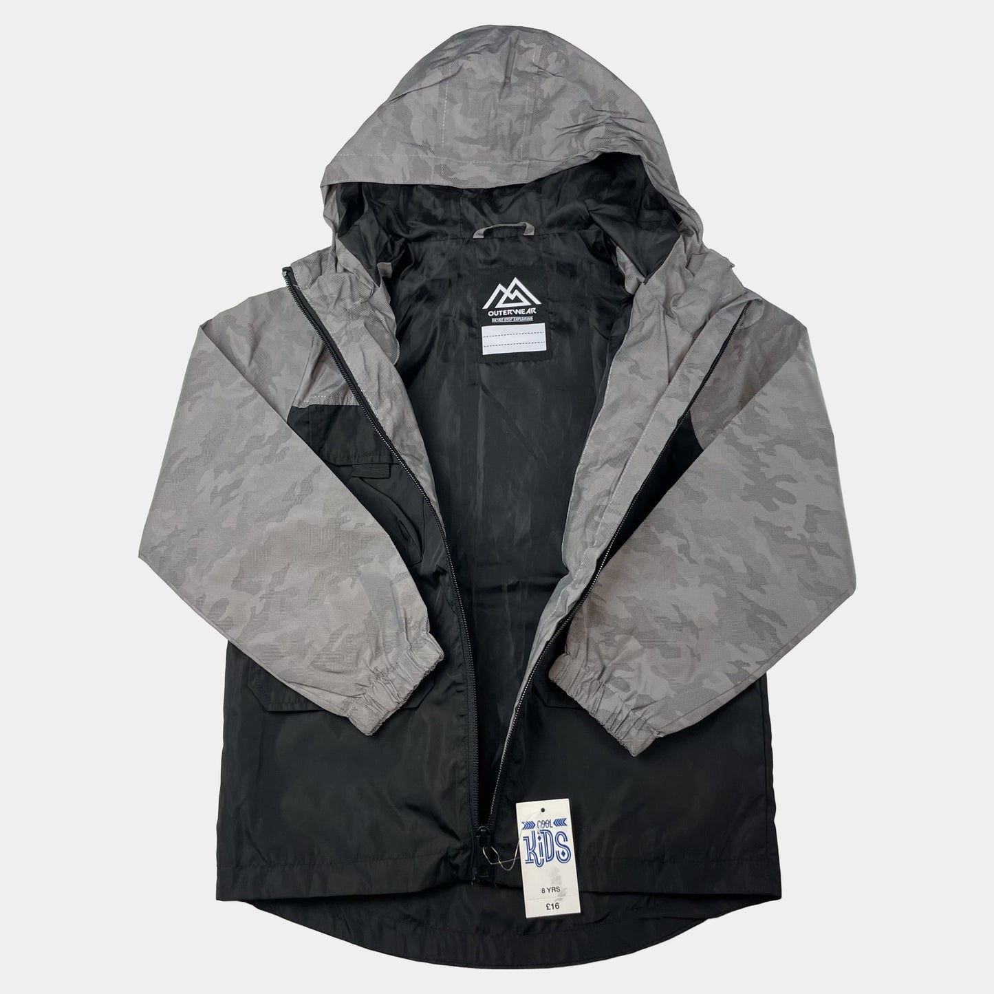 Graue und schwarze Camouflage-Jacke mit Kapuze, Größe 8 Jahre, aus Polyester – side