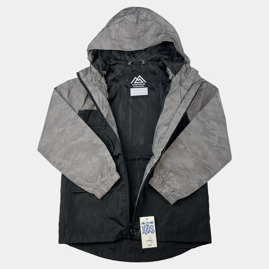 Graue und schwarze Camouflage-Jacke mit Kapuze, Größe 8 Jahre, aus Polyester – side