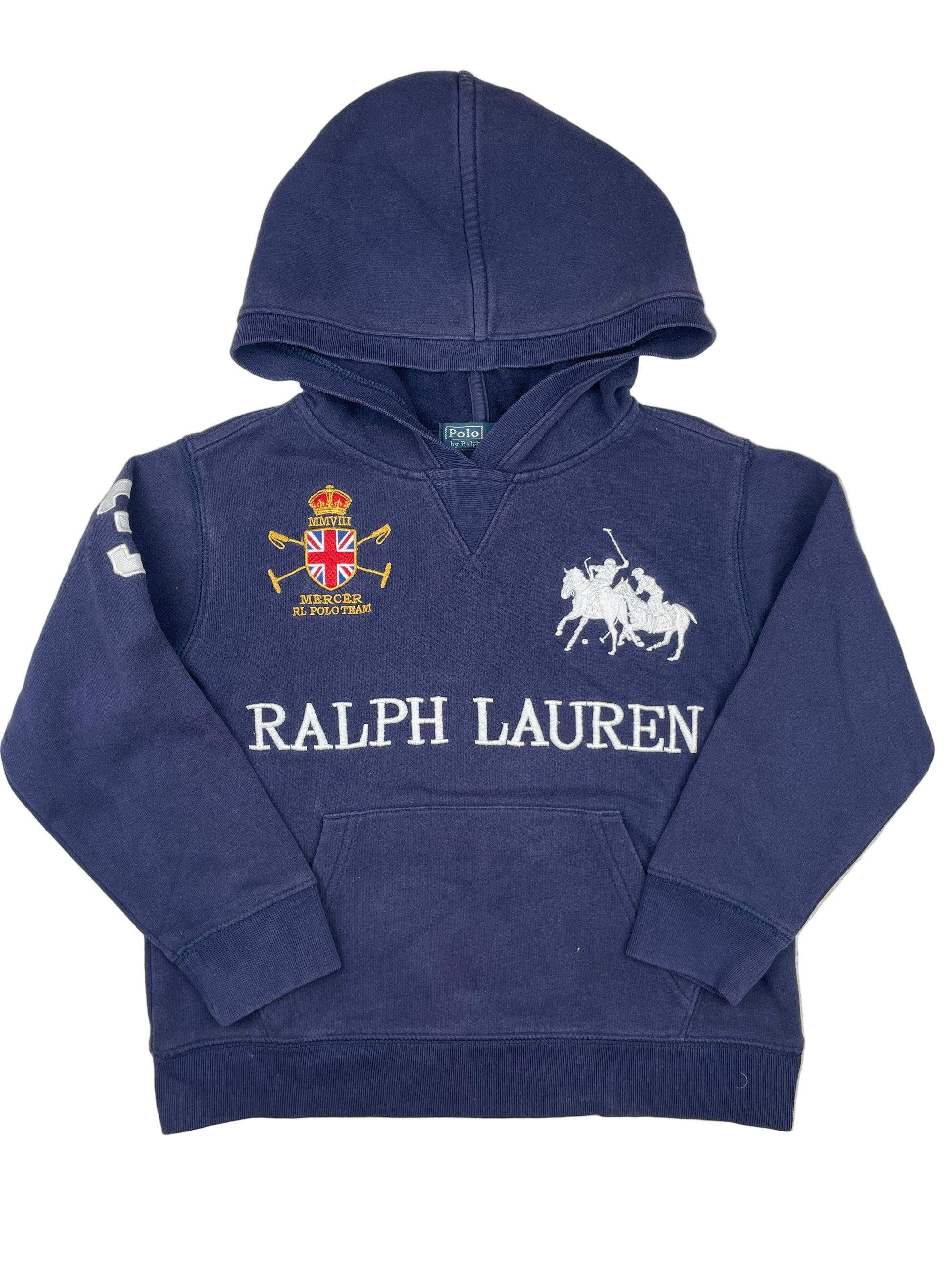 Dunkelblauer Polo Ralph Lauren Kapuzenpullover mit großer Logo-Stickerei und Kängurutasche, Größe ca. 116. – front