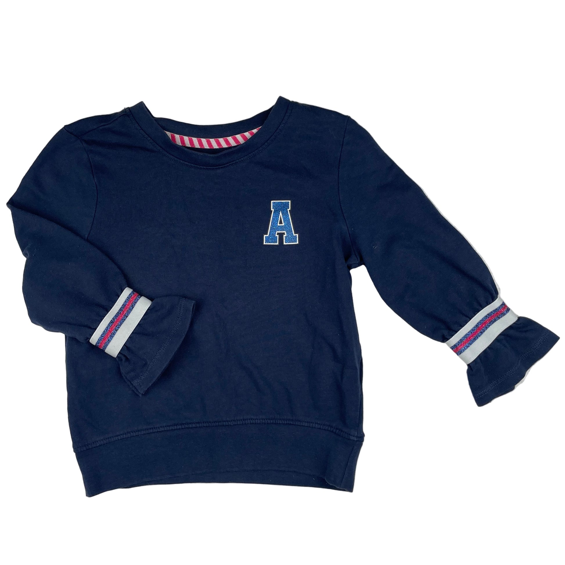 Dunkelblauer Kinder-Sweatshirt mit Rüschenärmeln und A-Applikation von Happy Kids by Tchibo, Größe 98/104 – front