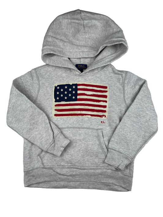 Grauer Hoodie mit USA-Flagge von Polo Ralph Lauren, Größe 5 – front