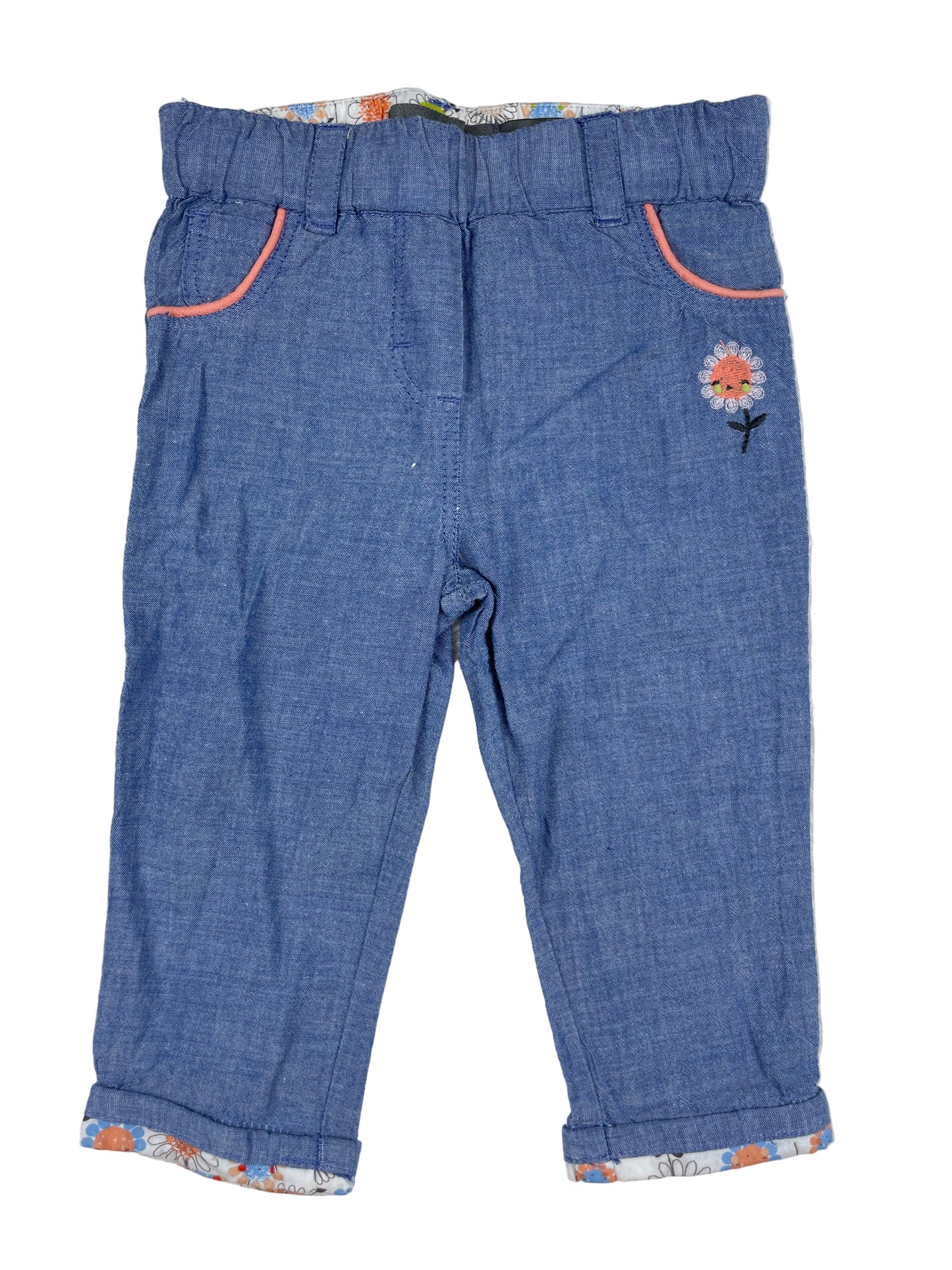 Blaue Babyhose von Orchestra mit Blumenstickerei, Größe 6 Monate