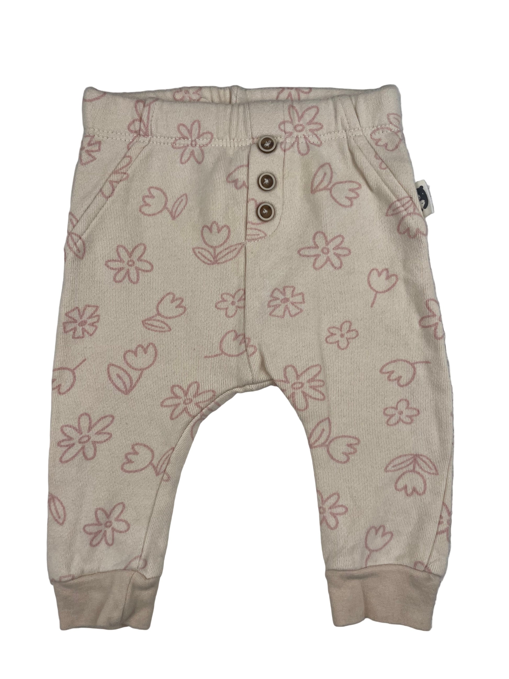 Beige Babyhose mit rosa Blumen von Rabbit Bear, Größe 0–3 Monate – front