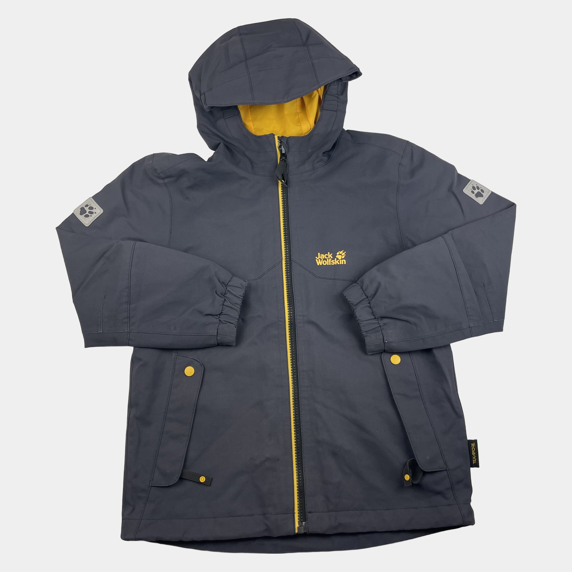 Graue Jack Wolfskin Kinderjacke mit gelbem Futter, Größe 128 – front