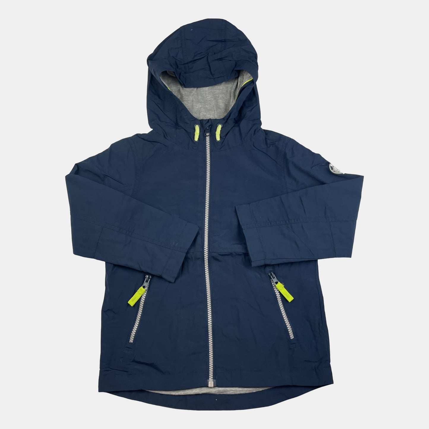 Blaue Kinderjacke mit Kapuze und Reißverschlüssen – front
