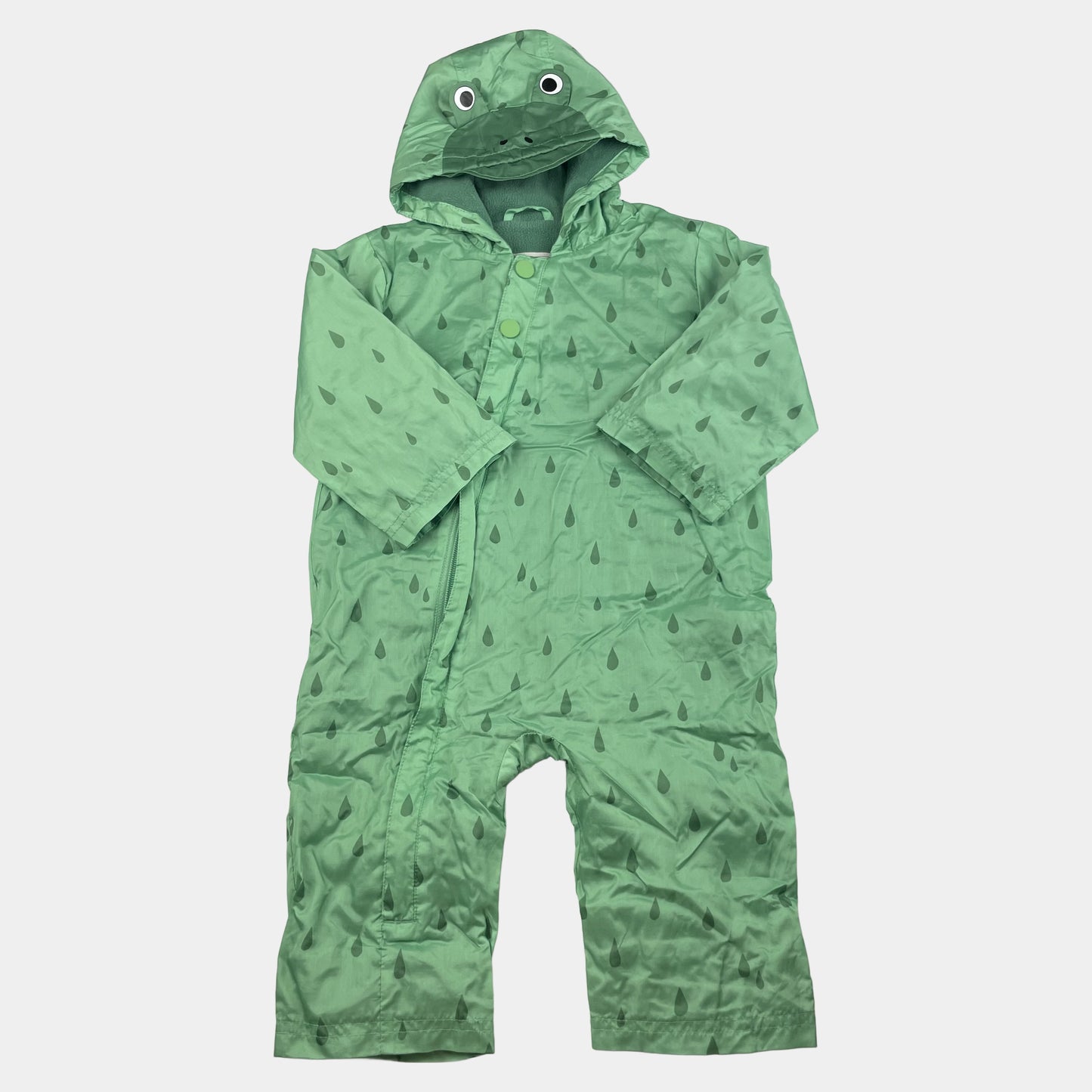 Grüner Regenanzug mit Kapuze und Tropfenmuster für Babys. – front