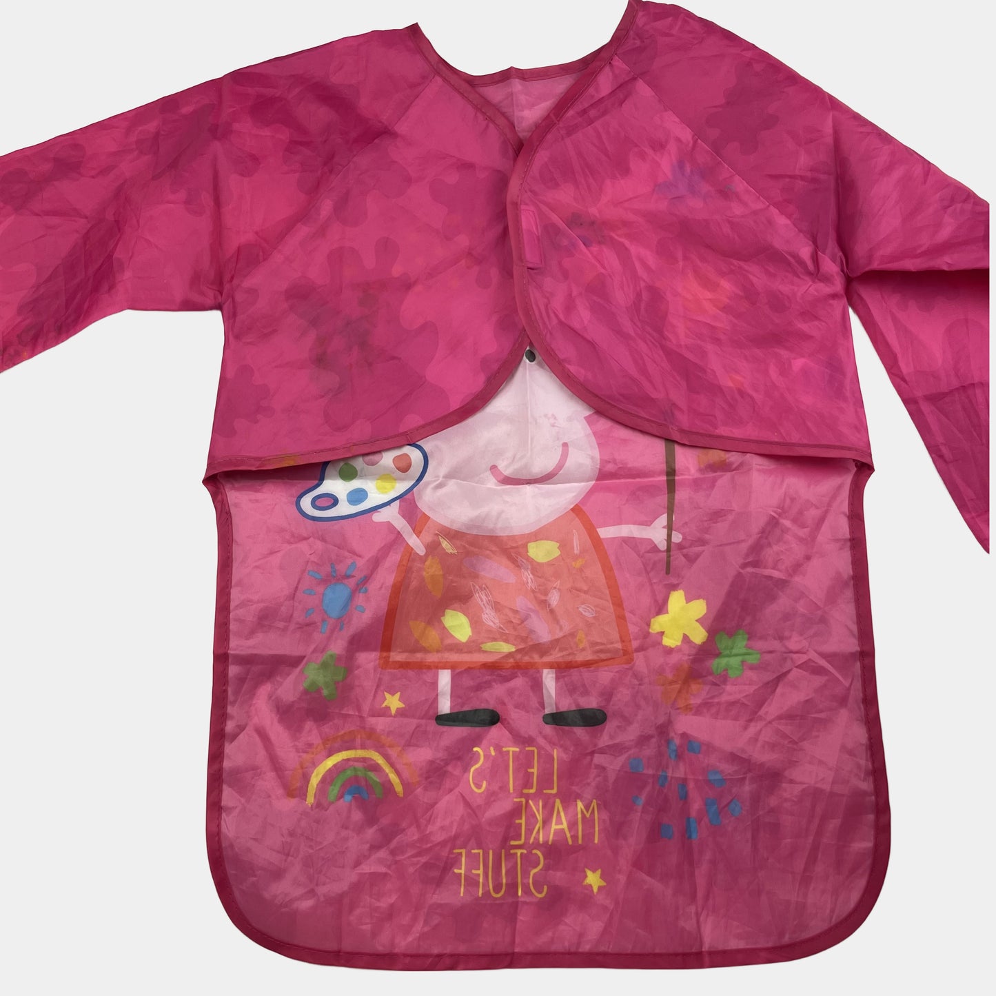 Rosa Malkittel mit Peppa Pig Motiv und "Let's Make Stuff" Aufdruck. – back