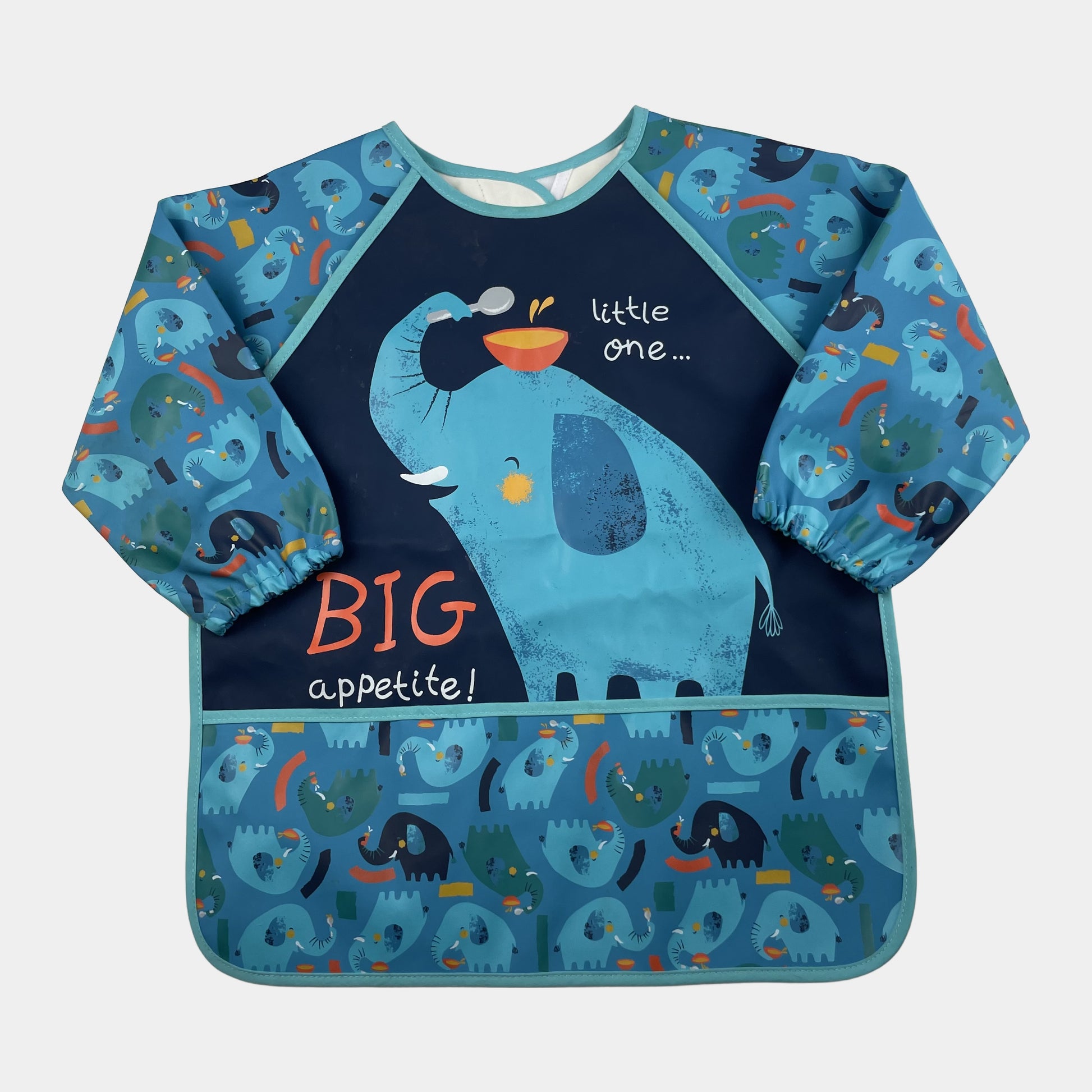 Blauer langer Arm Latz mit Elefantenmotiv – front