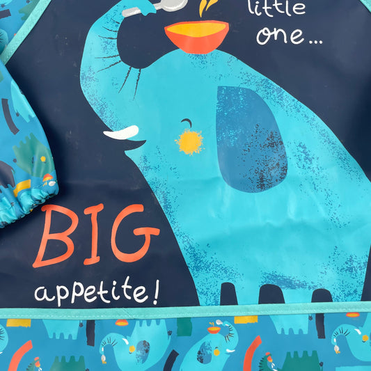 Blauer langer Arm Latz mit Elefantenmotiv – detail