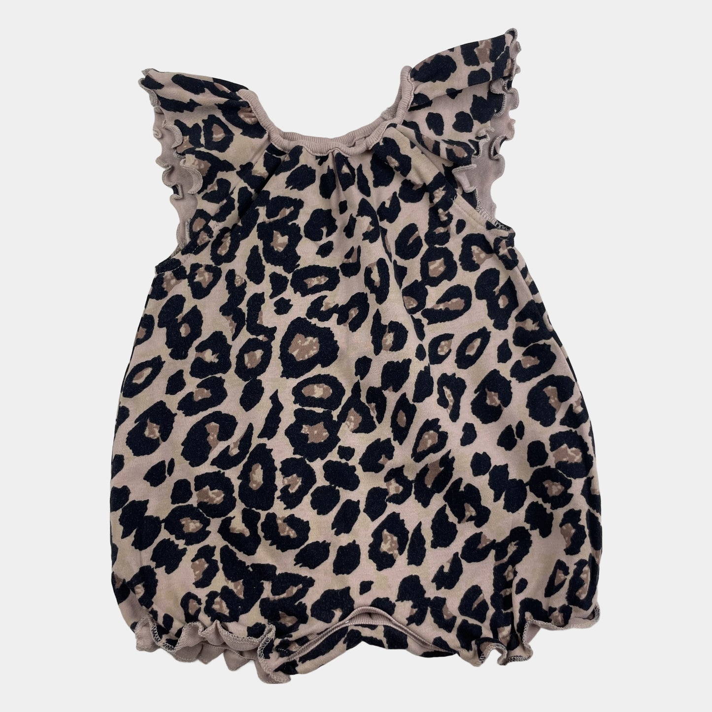 Beiger Baumwoll-Overall mit Leopardenmuster und kurzen Armen – front