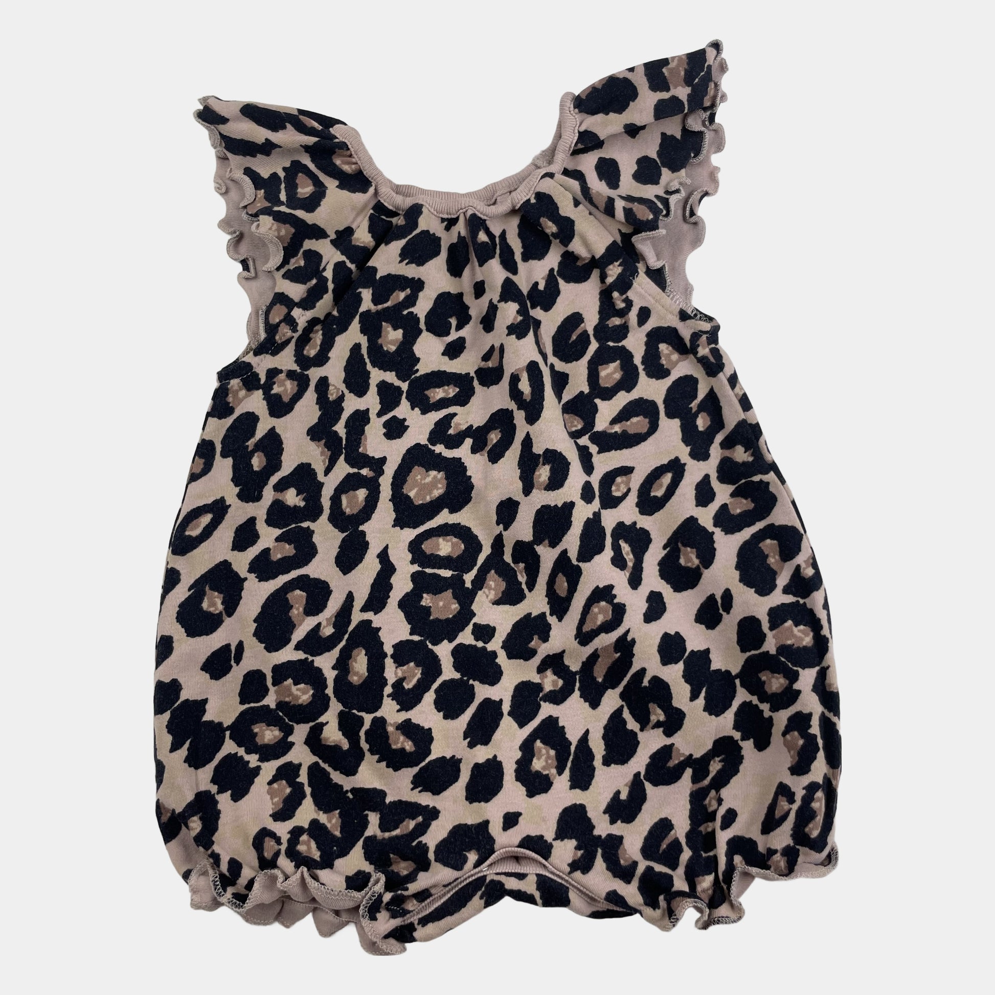 Beiger Baumwoll-Overall mit Leopardenmuster und kurzen Armen – front