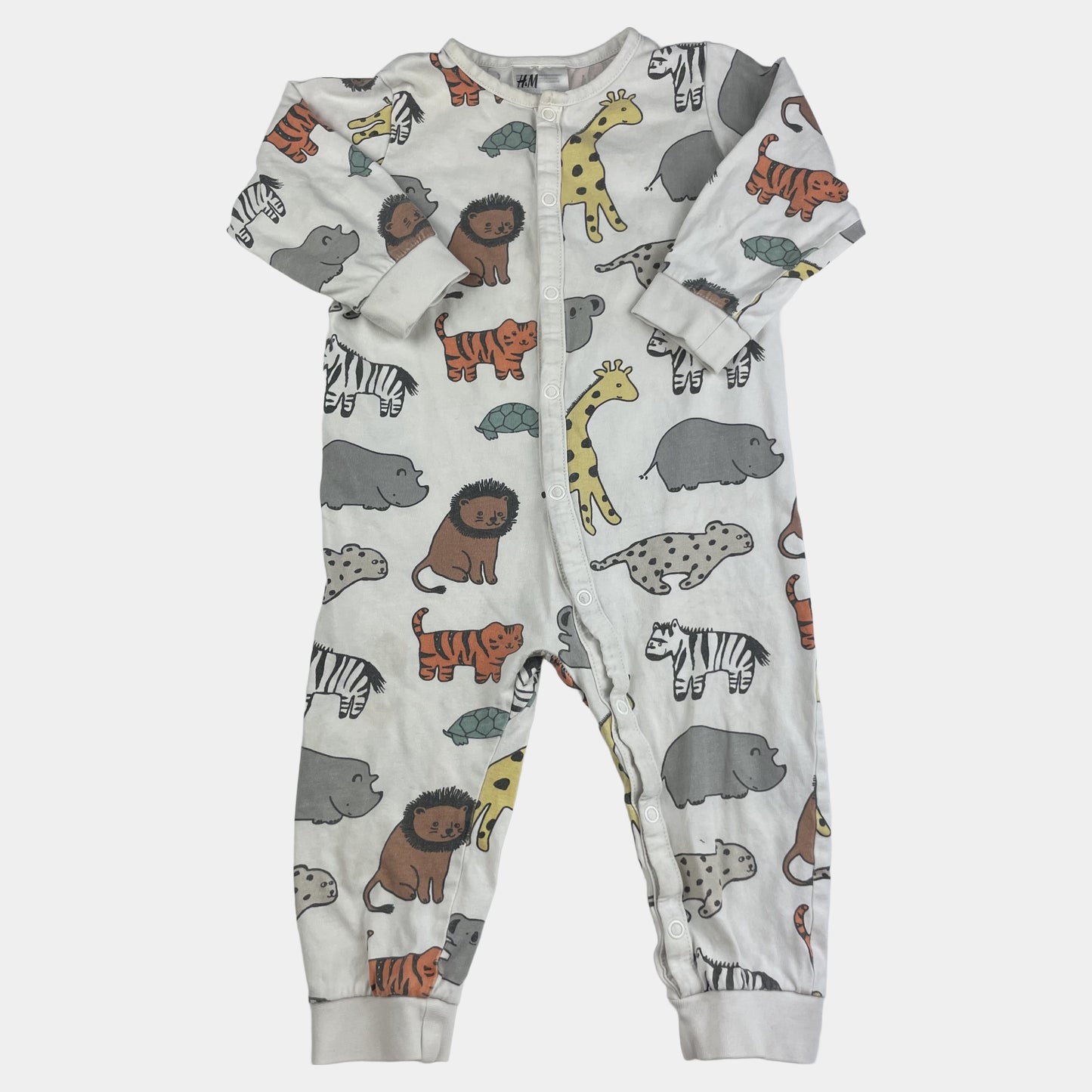 Bunter Baumwoll-Strampler mit Tiermotiven von H&M in Größe 9-12 Monate. – front