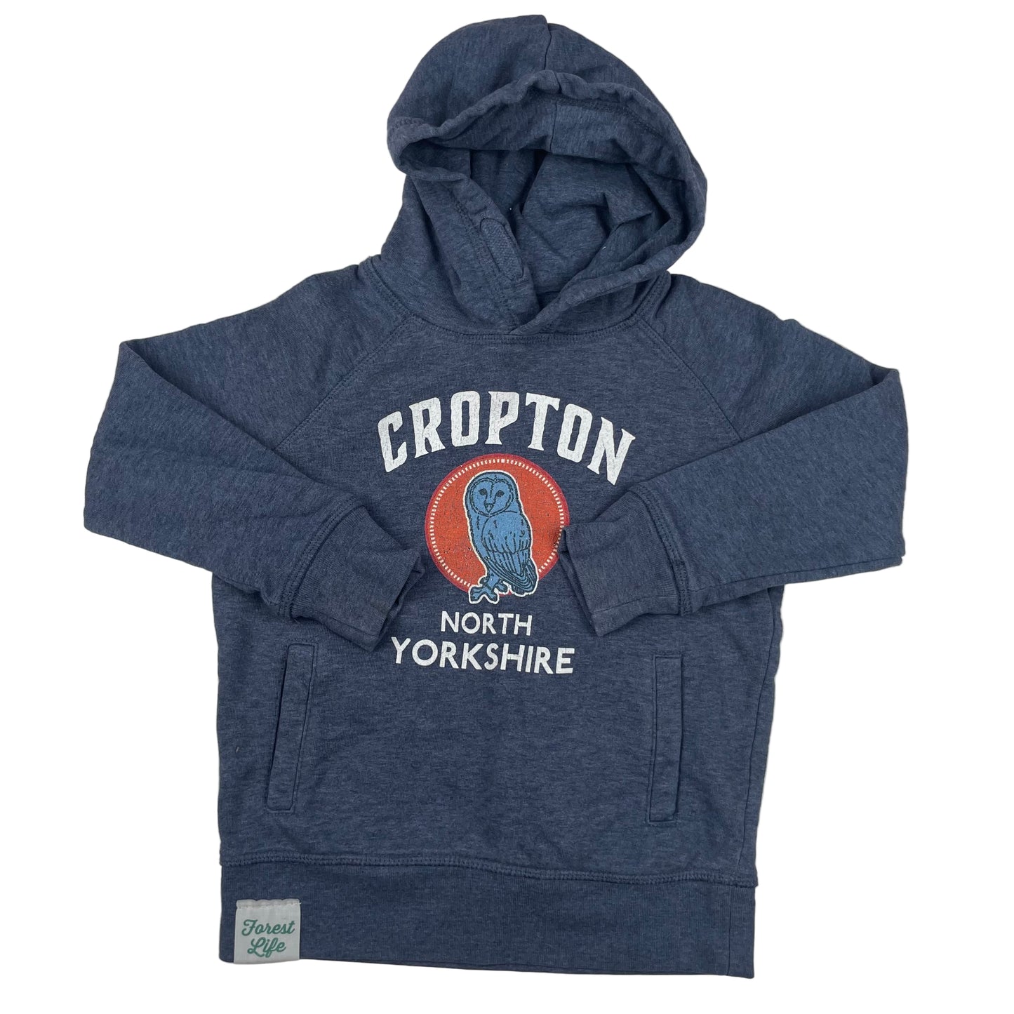 Blauer Kapuzenpullover Stanley/Stella mit Cropton North Yorkshire Eulen-Print, Größe 3–4Y (98–104 cm). – front