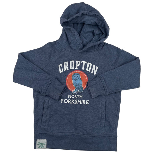 Blauer Kapuzenpullover Stanley/Stella mit Cropton North Yorkshire Eulen-Print, Größe 3–4Y (98–104 cm). – front