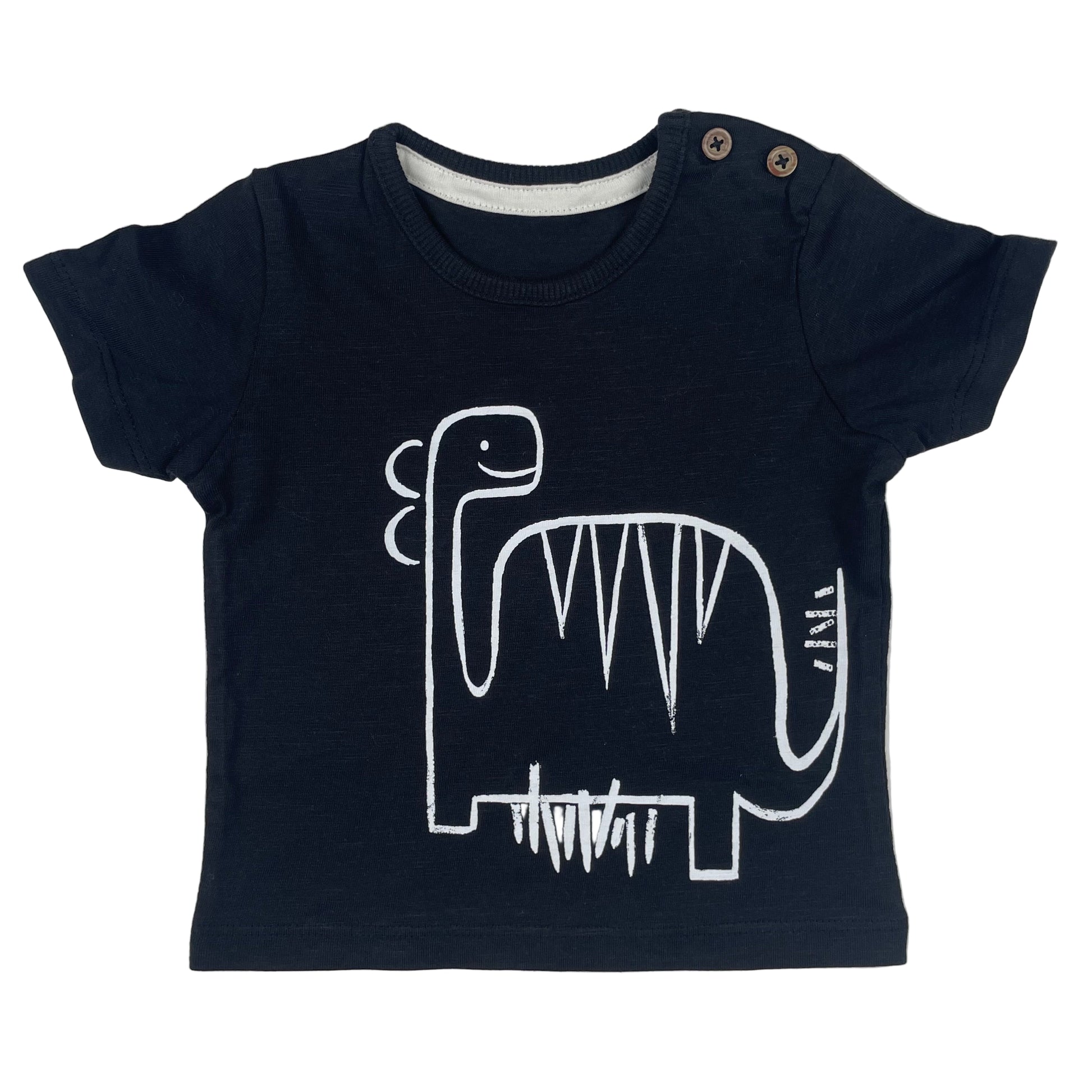 Schwarzes Baby-T-Shirt von George mit weißem Dino-Print und Schulterknöpfen, Größe 0–3 Monate – front